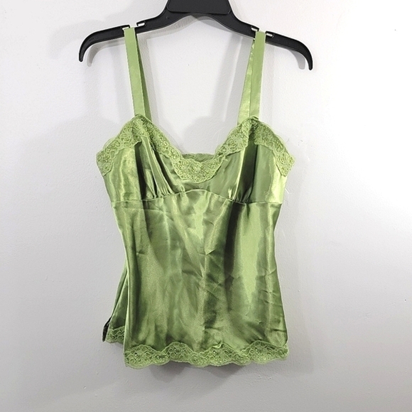 Apple Green Lace Trim Satin Camisole Cami Top Sexy Silky Smooth Tank 9/10 - Picture 2 of 12